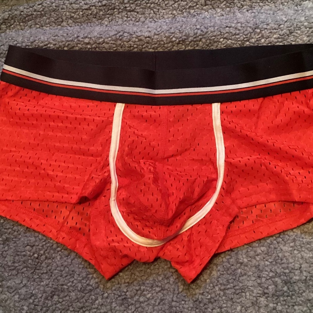 Trunks, red with navy blue waist band fits like medium. - Picture 2 of 5